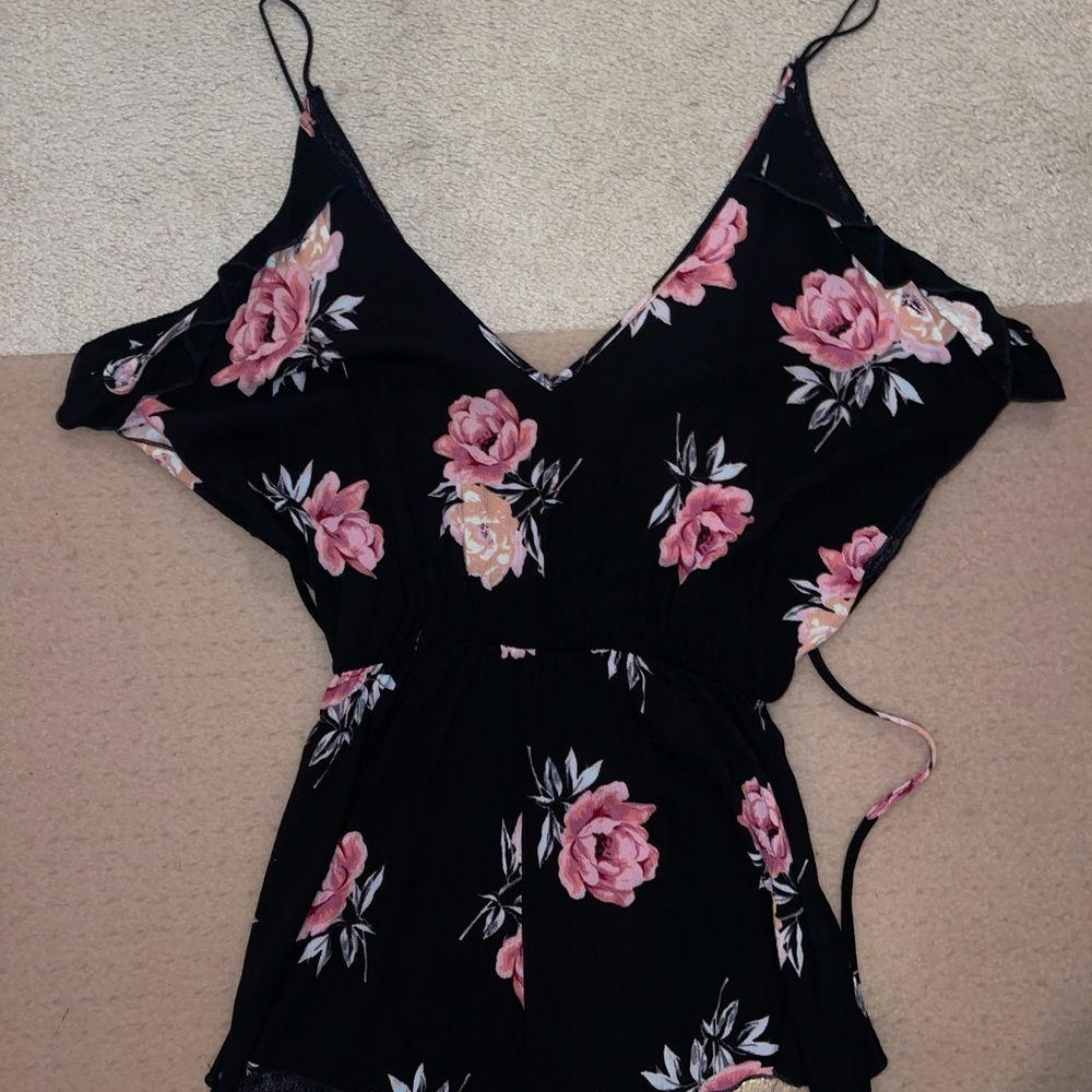 Floral romper with low back and tie across upper back